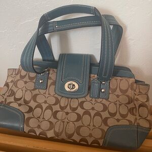 Coach Tan and Blue Signature Hampton Shoulder Bag